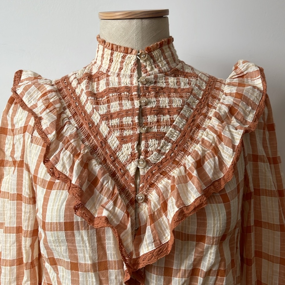 Sezane Marty rust & cream plaid blouse sz. 34 Victorian style gauzy boho - Picture 3 of 6